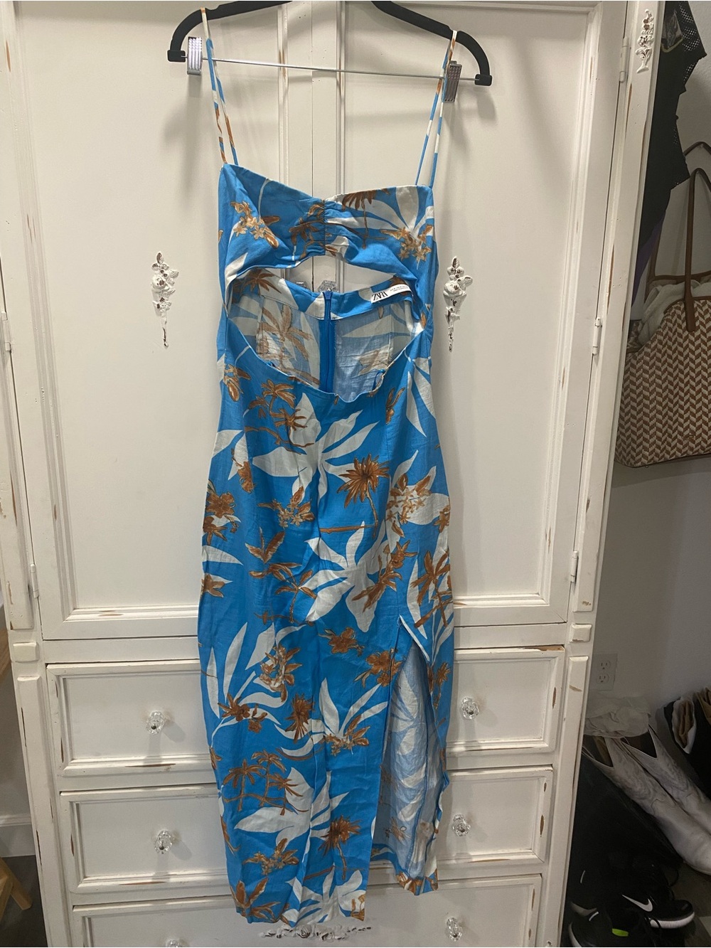 Blue Floral Cutout Midi Dress